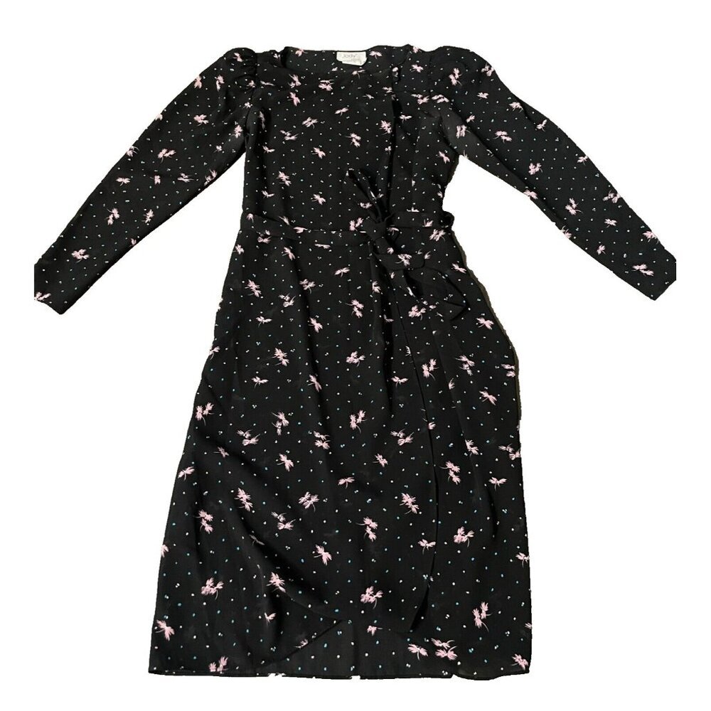 Vintage Jody T Of California midi Dress Sz 3/4 black pink Floral Prairie rare